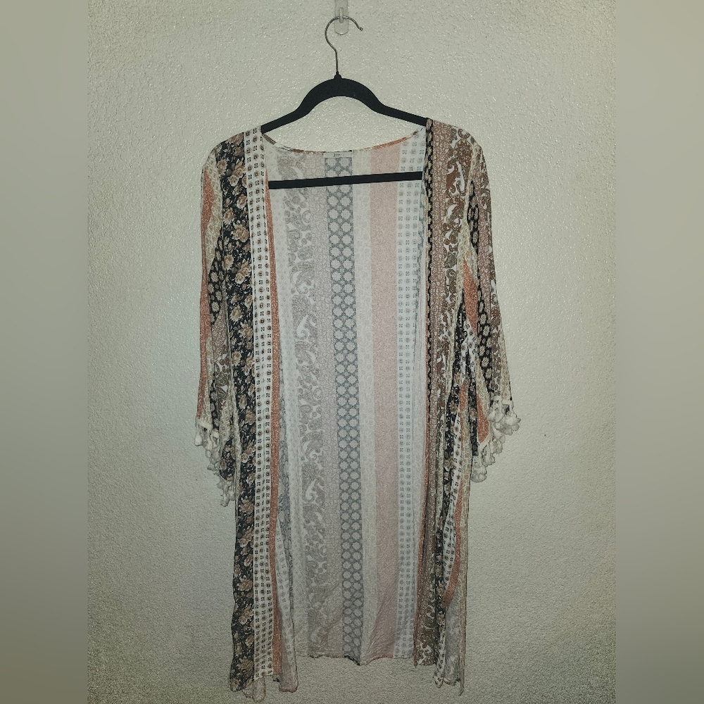 Lightweight Printed Kimono Cardigan - Peach & Black